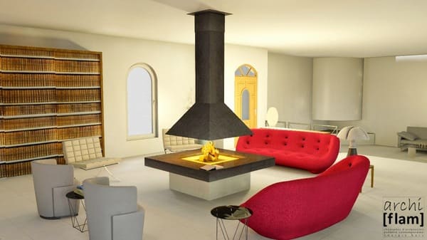 chauffage moderne au milieu d'un salon, coloris noir, disponible chez archiflam